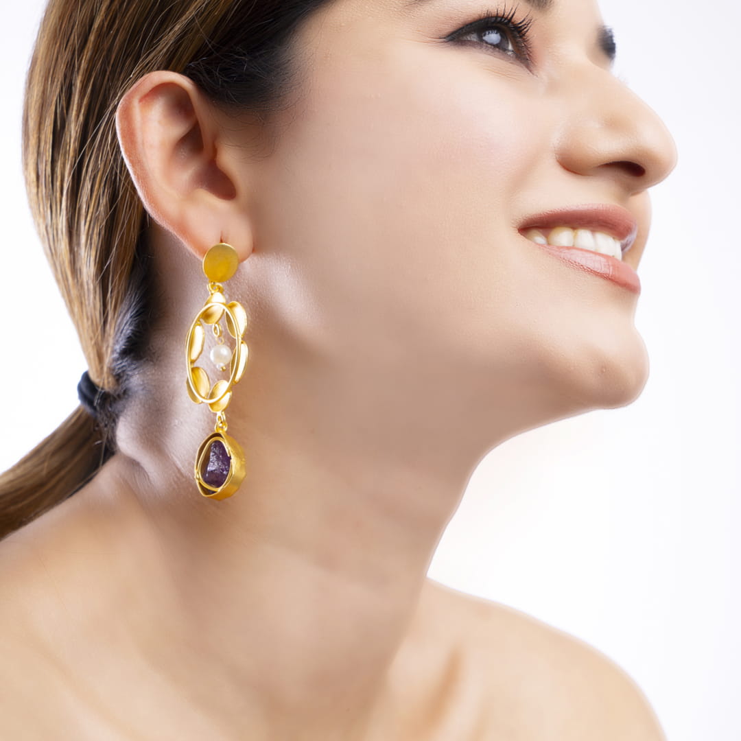 Gold Geometric Drop Earrings with Stone and Pearl Accents