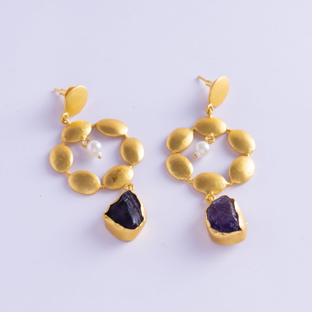 Gold Geometric Drop Earrings with Stone and Pearl Accents