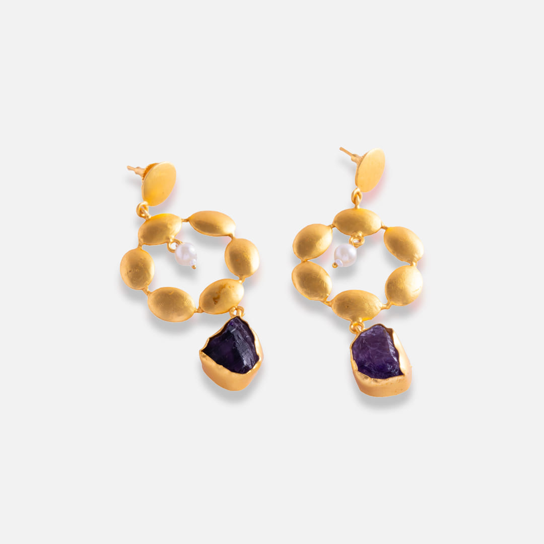 Gold Geometric Drop Earrings with Stone and Pearl Accents