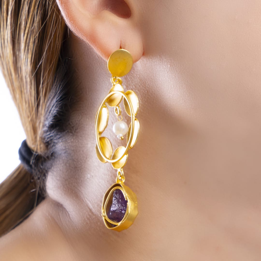 Gold Geometric Drop Earrings with Stone and Pearl Accents