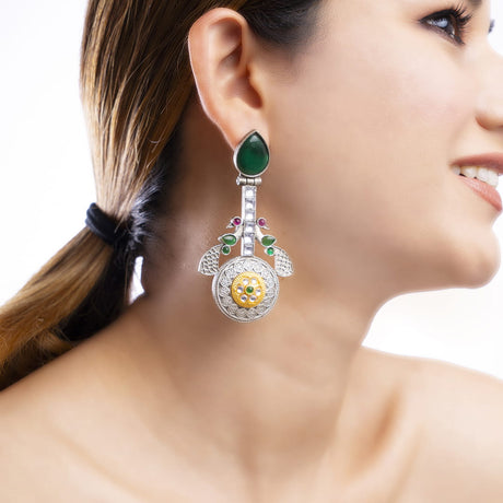 Silver and Gold Ethnic Drop Earrings with Gemstone Accents