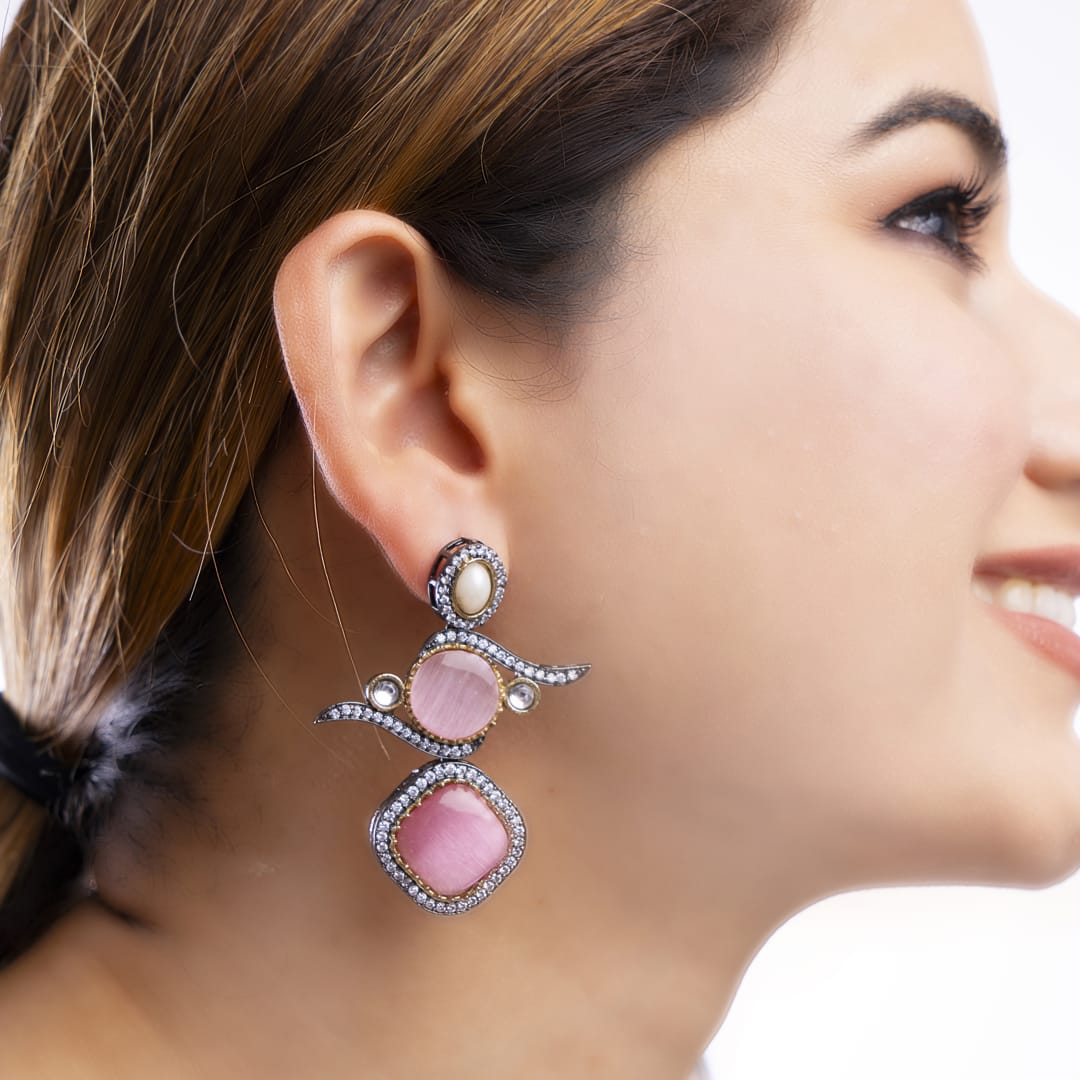 Pink and Pearl Geometric Drop Earrings