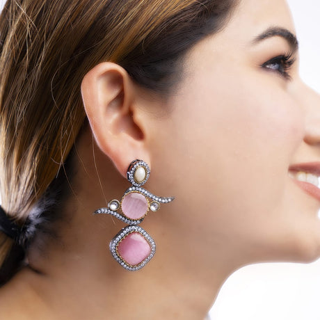 Pink and Pearl Geometric Drop Earrings