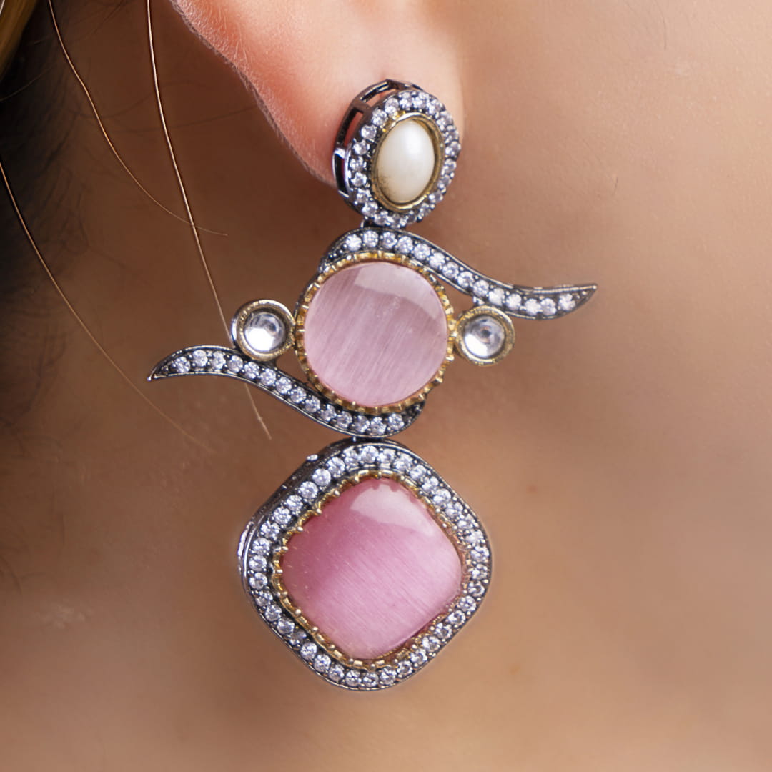 Pink and Pearl Geometric Drop Earrings