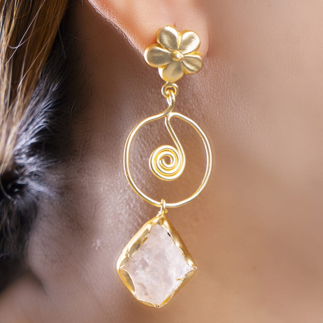 Floral Spiral Drop Earrings with Clear Stone