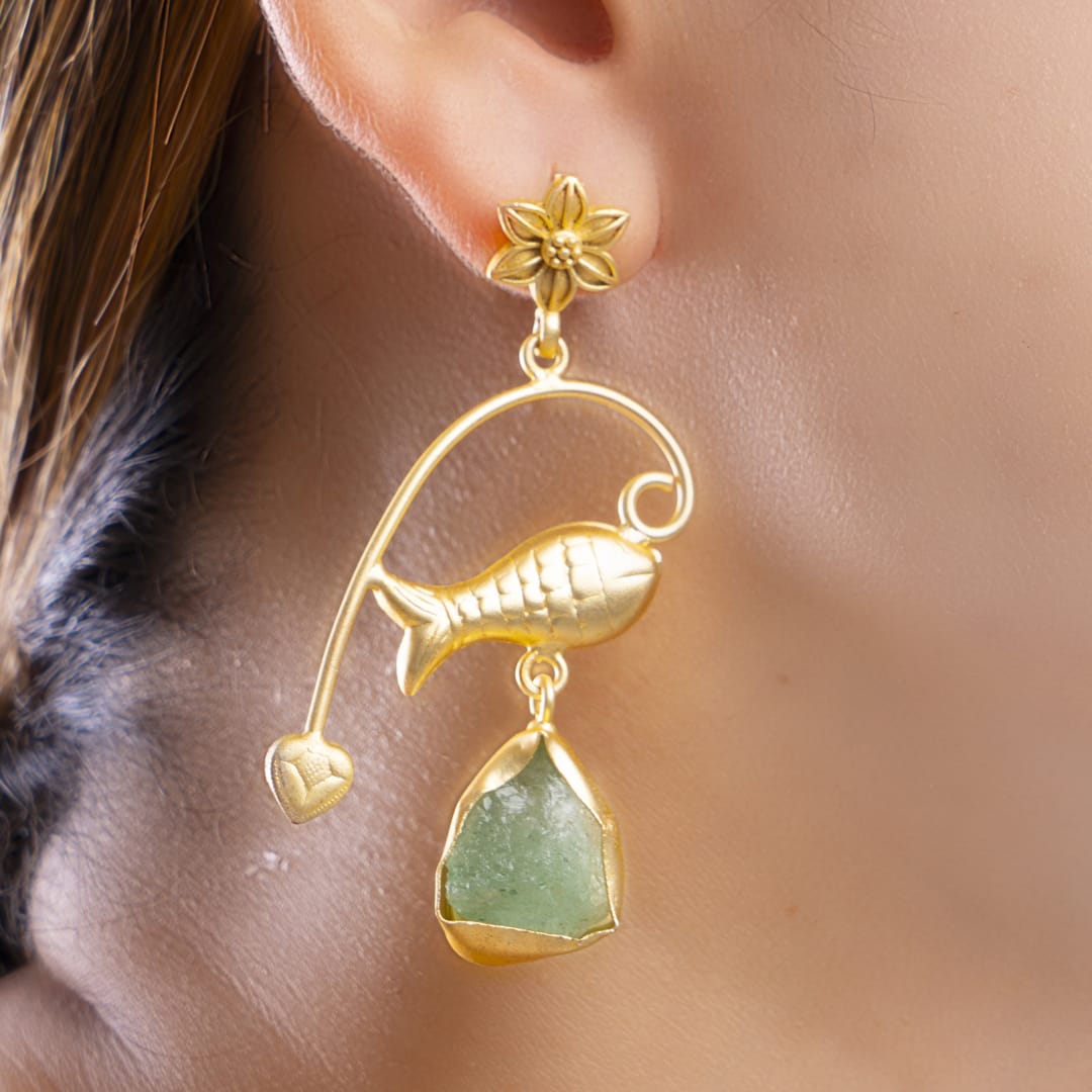 Gold-Toned Fish and Gemstone Statement Earring