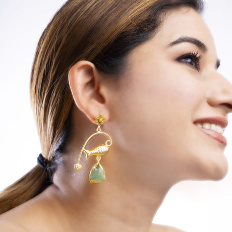 Gold-Toned Fish and Gemstone Statement Earring