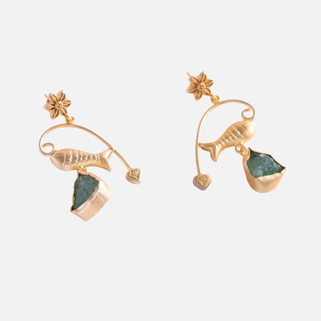 Gold-Toned Fish and Gemstone Statement Earring