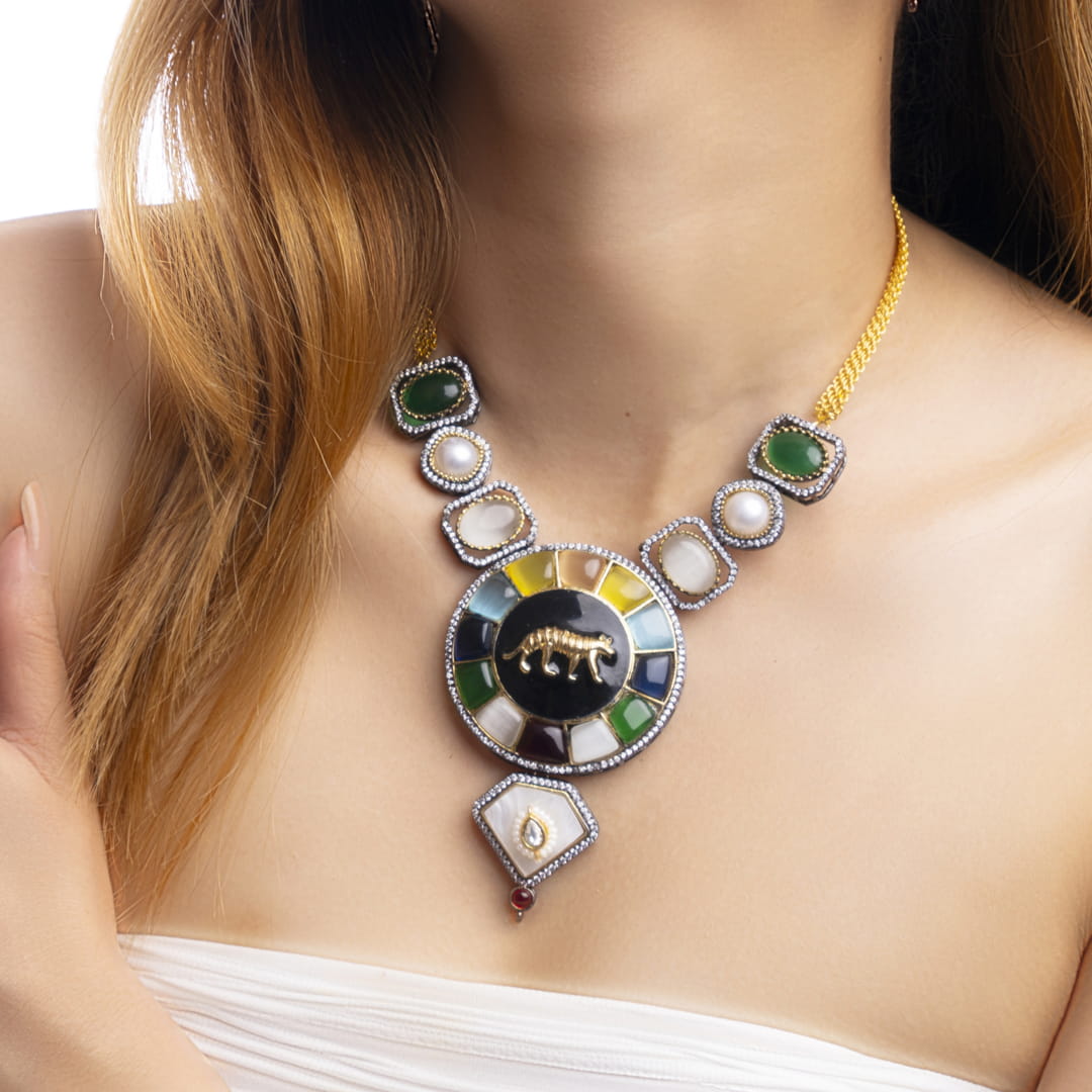 Multi-Stone Elephant Motif Necklace Set