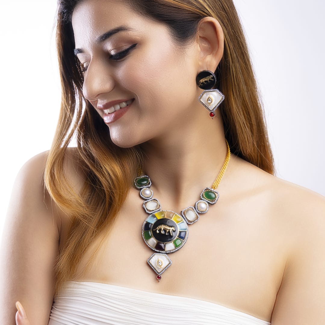 Multi-Stone Elephant Motif Necklace Set