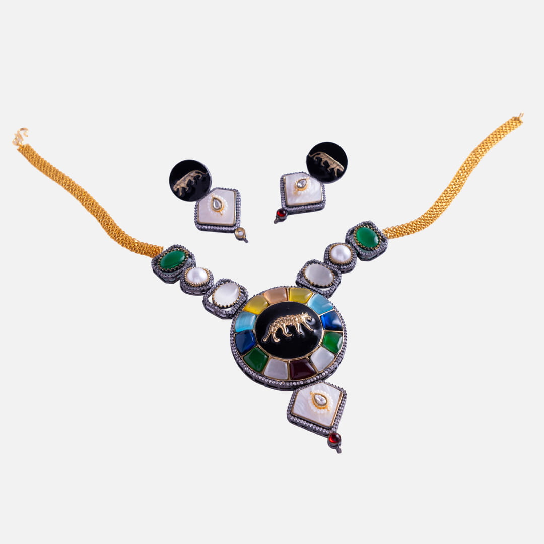 Multi-Stone Elephant Motif Necklace Set