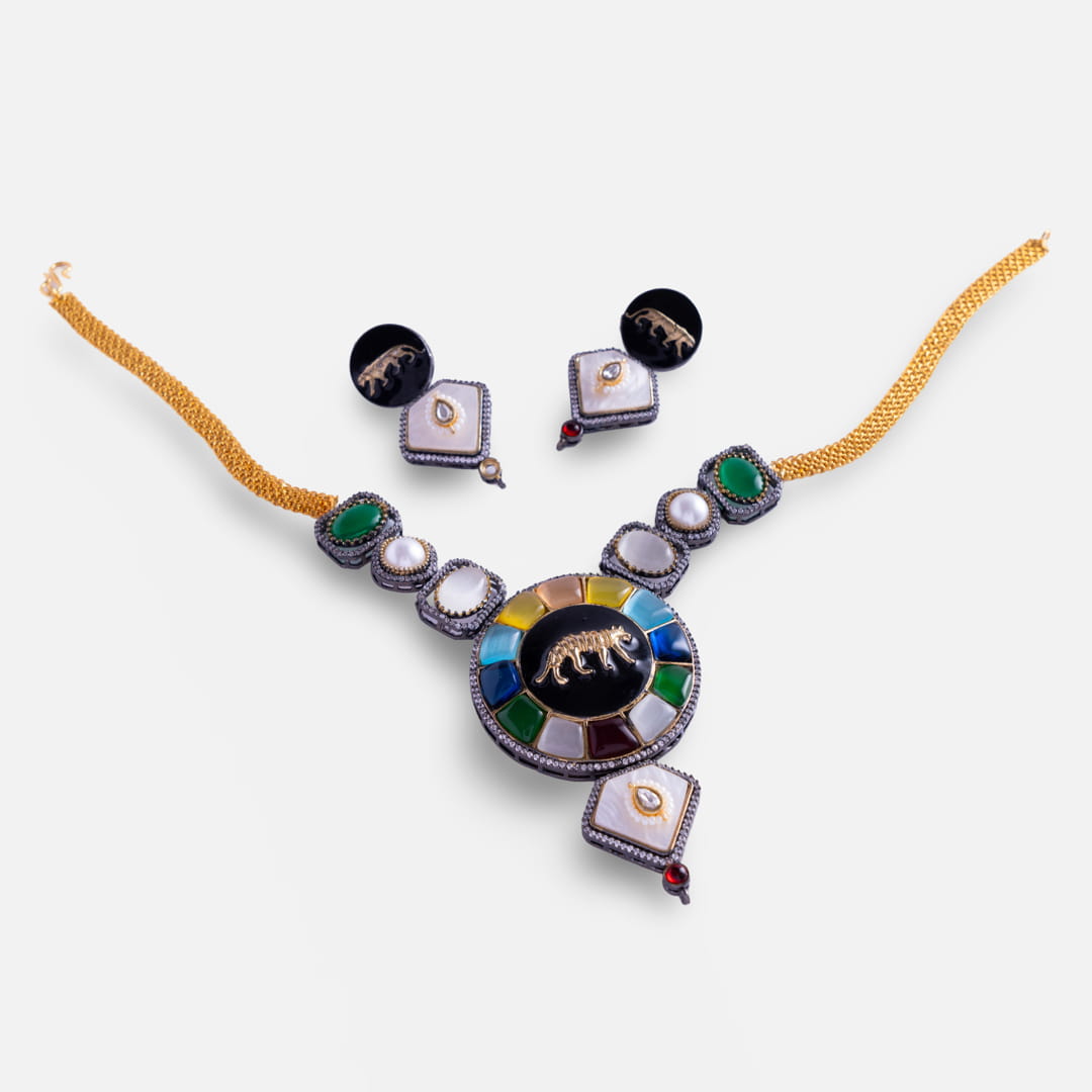 Multi-Stone Elephant Motif Necklace Set