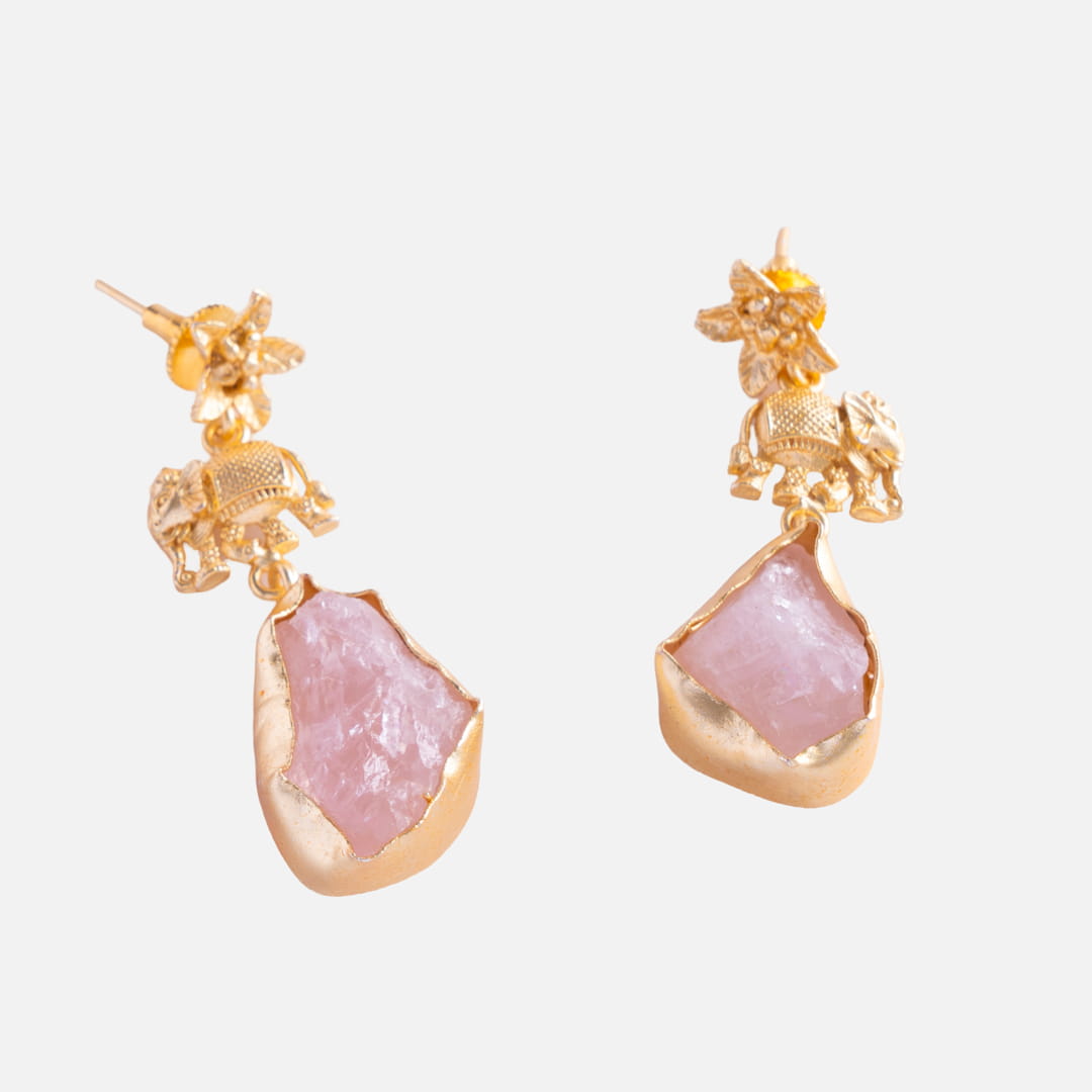 Gold Elephant and Quartz Drop Earrings