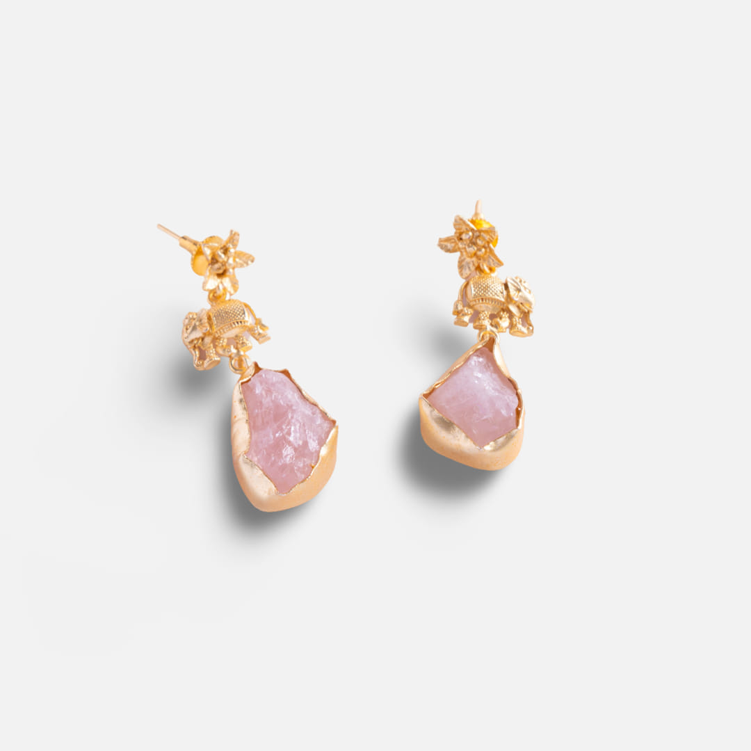 Gold Elephant and Quartz Drop Earrings