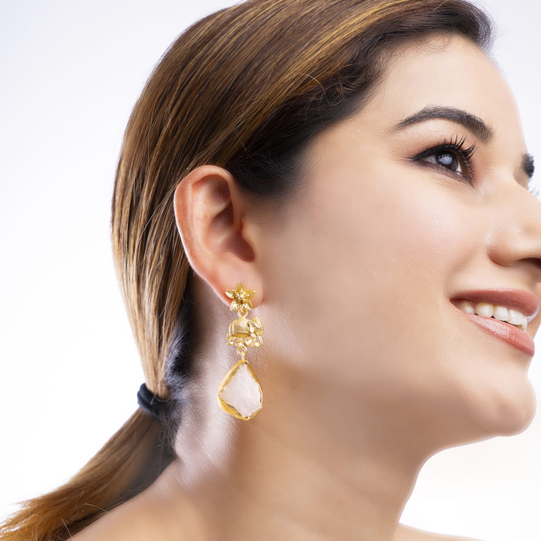 Gold Elephant and Quartz Drop Earrings