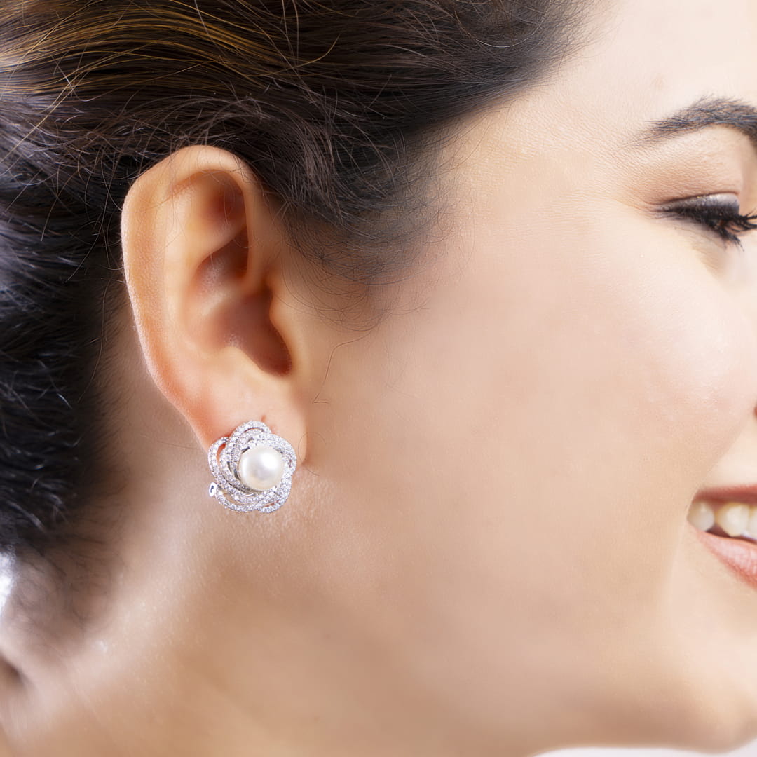 Classic Pearl and Silver Stud Earrings with Solitaire  Diamond Plus