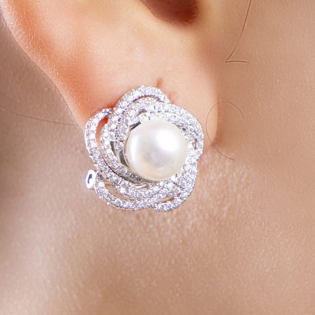 Classic Pearl and Silver Stud Earrings with Solitaire  Diamond Plus