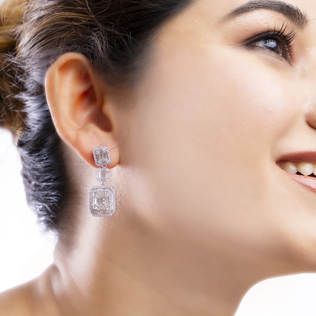 Triple Emerald-Cut American Diamond Drop Earrings