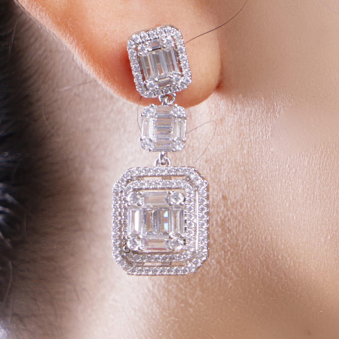 Triple Emerald-Cut American Diamond Drop Earrings