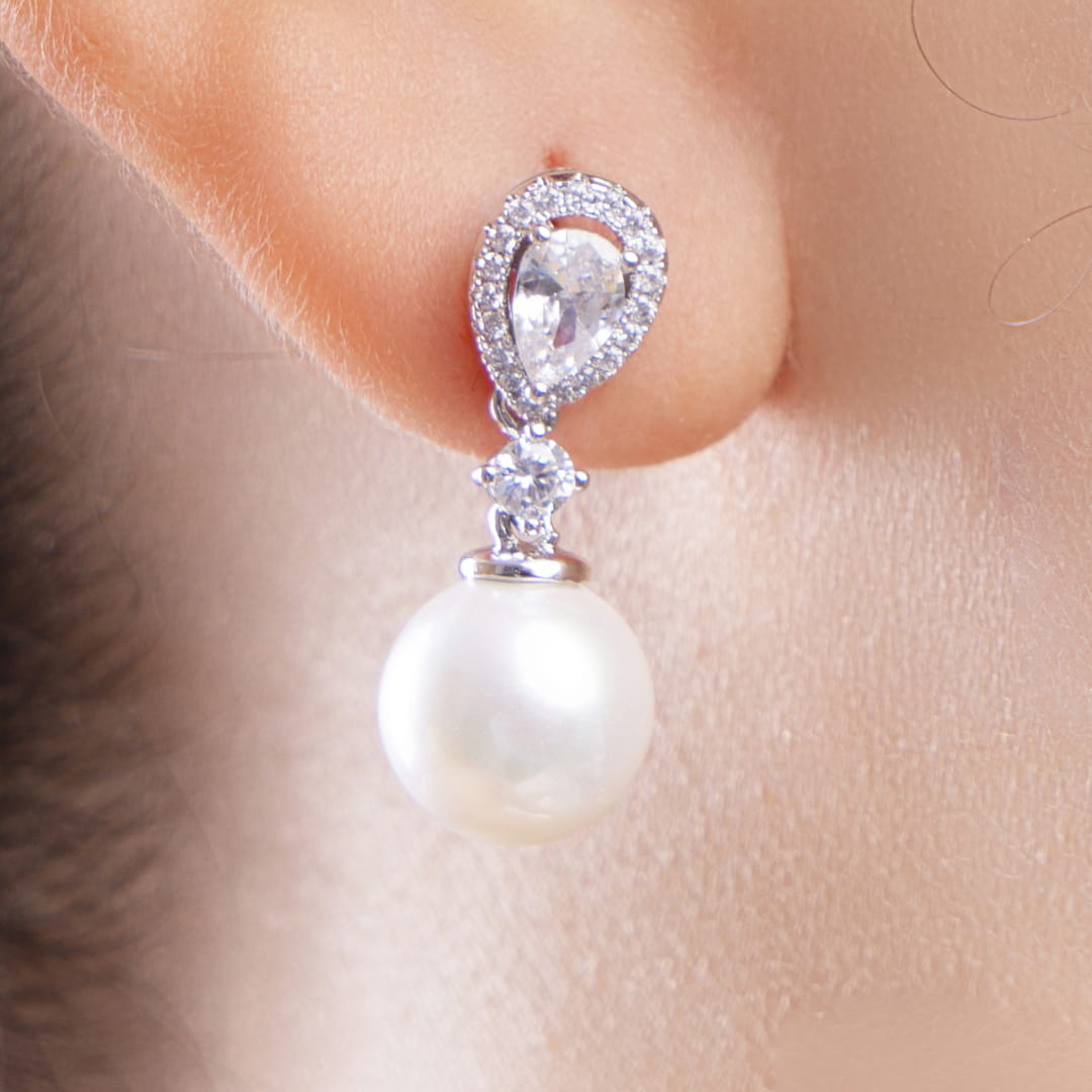 Teardrop American Diamond and Pearl Drop Earrings