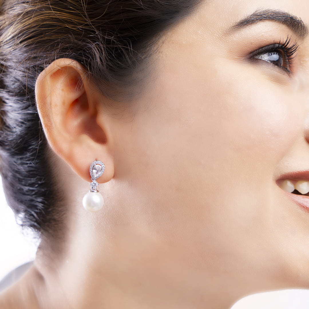 Teardrop American Diamond and Pearl Drop Earrings