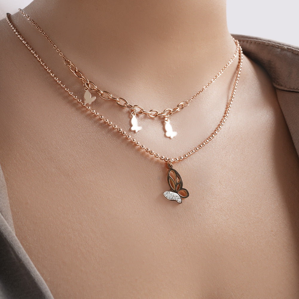 Rose Gold Butterfly Charm Double Layer Necklace