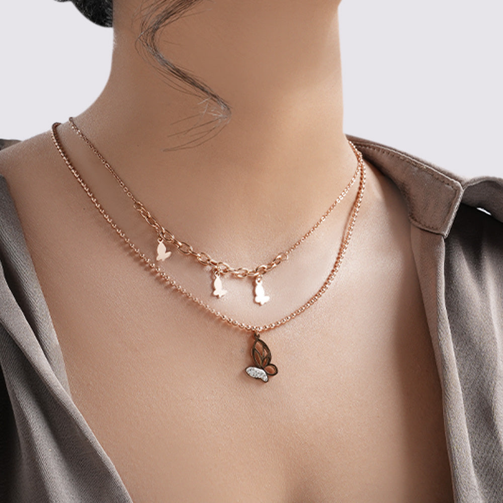 Rose Gold Butterfly Charm Double Layer Necklace