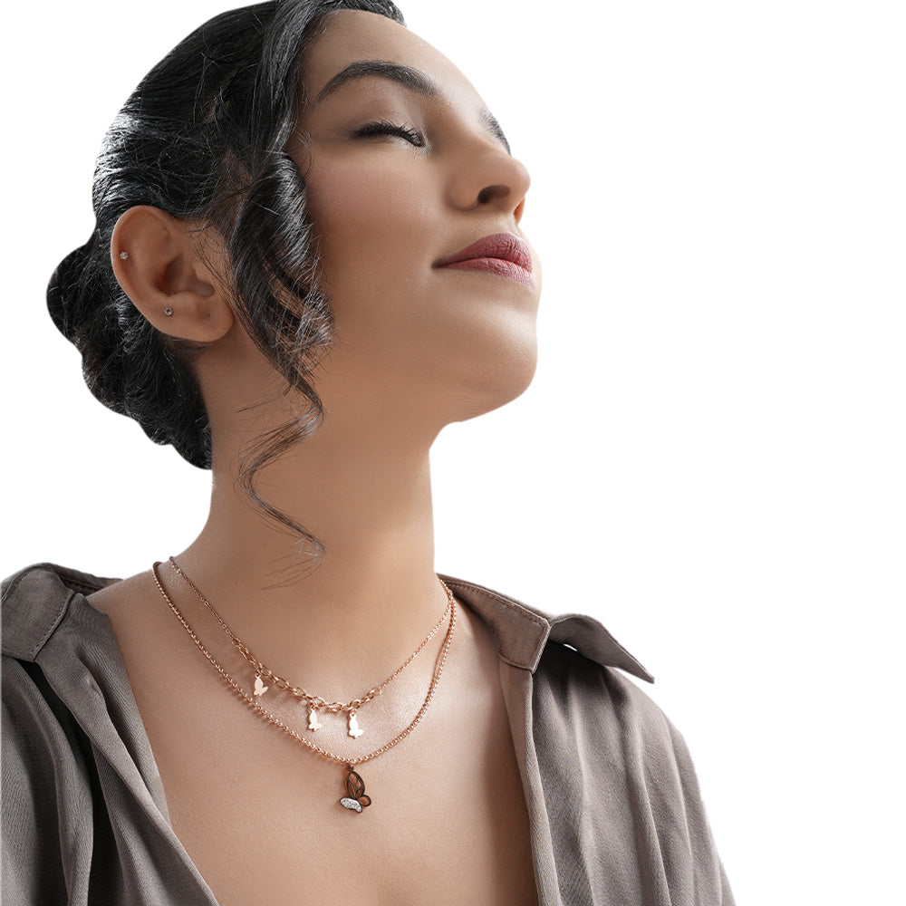 Rose Gold Butterfly Charm Double Layer Necklace