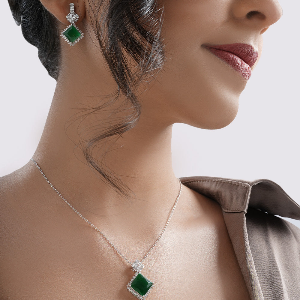 Emerald Grace Chain Pendant and Earrings Set