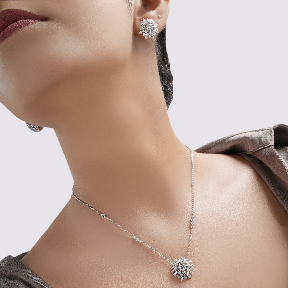 Radiant Floral American Diamond Pendant with Matching Earrings