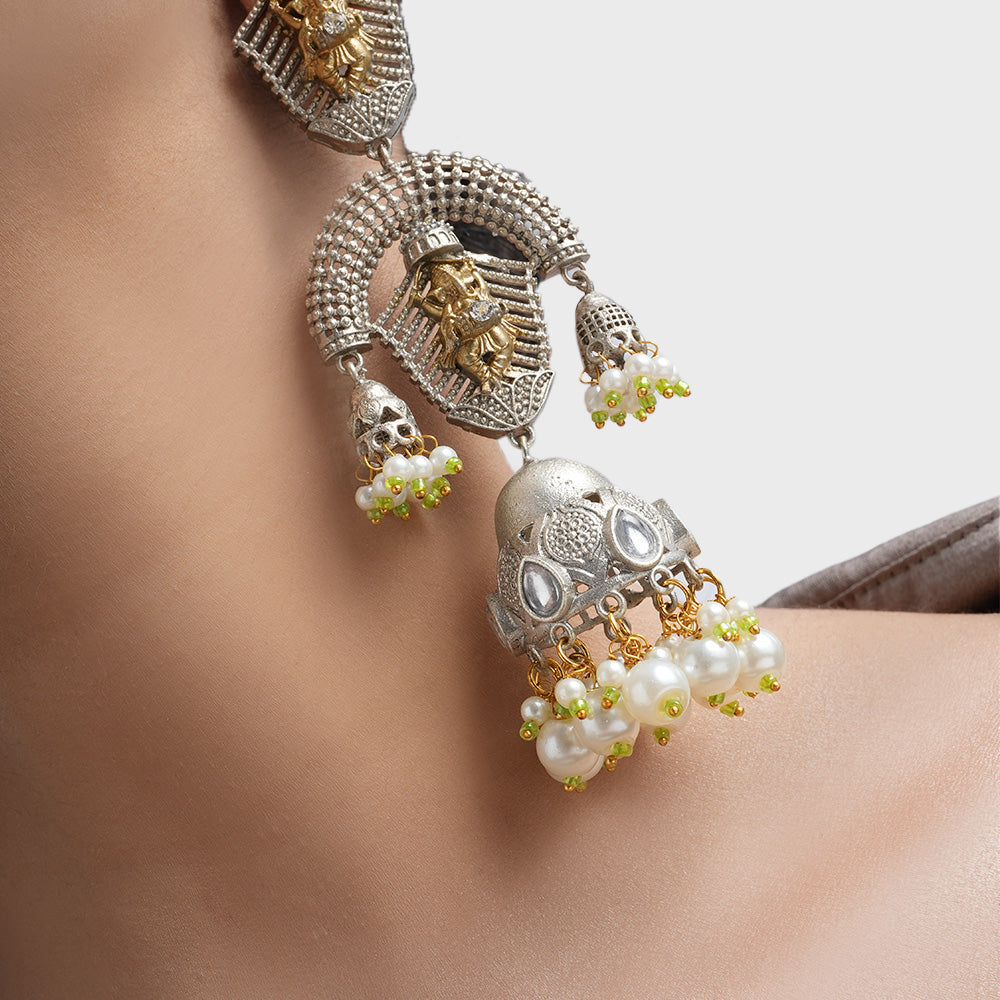 Traditional Pearl and Brass Statement Earrings