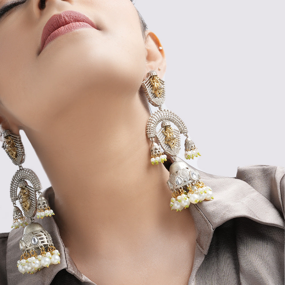 Traditional Pearl and Brass Statement Earrings