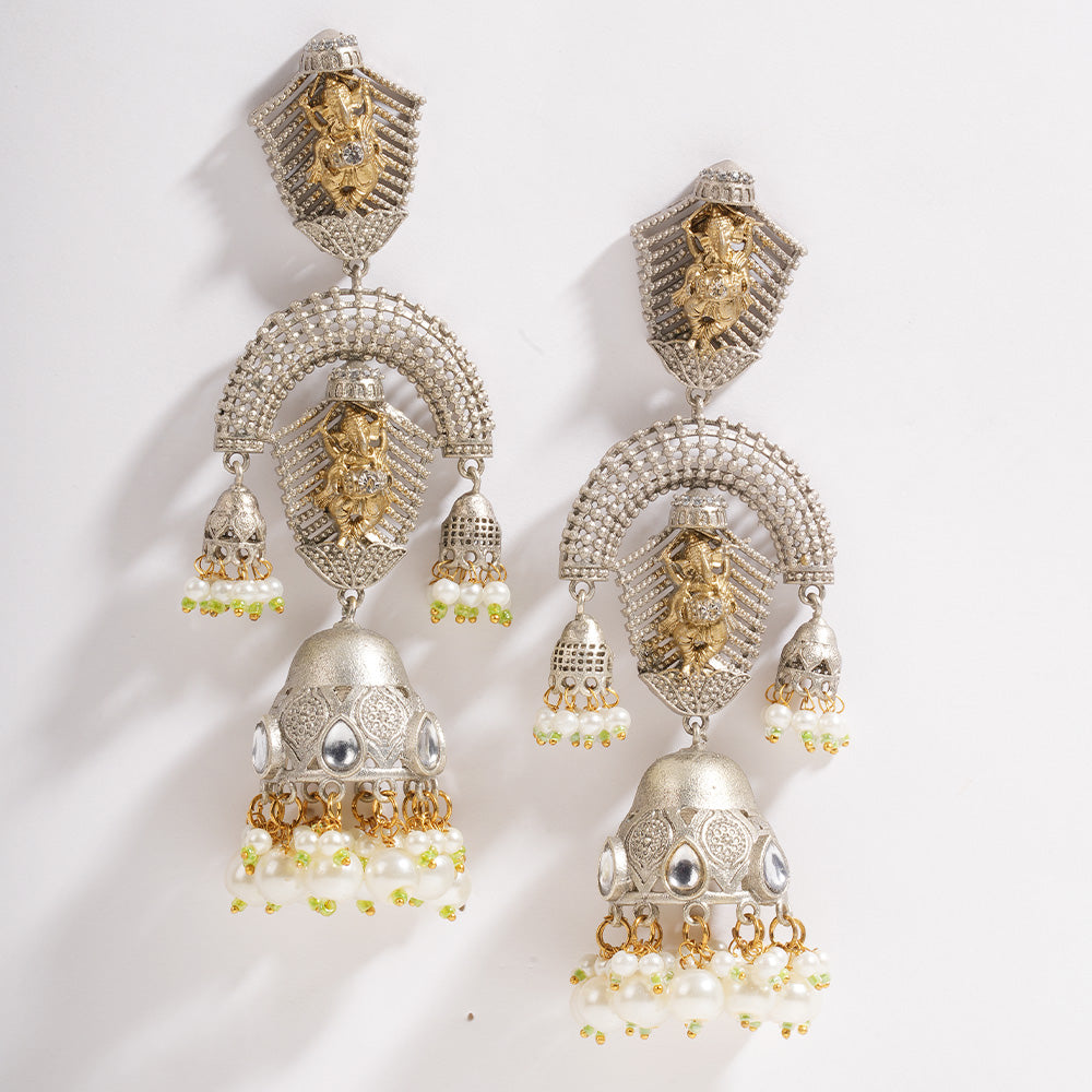 Traditional Pearl and Brass Statement Earrings