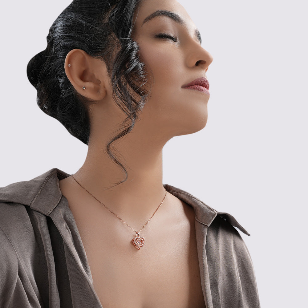Heart-Shaped Crystal Chain Pendant  with Rose Gold Finish