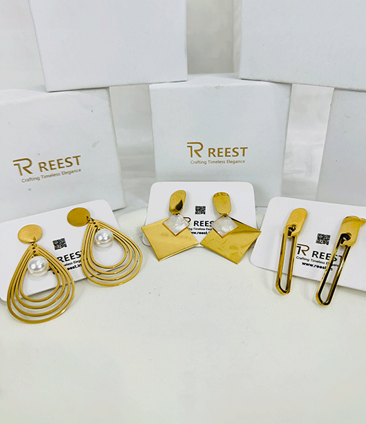 Modern Geometric Stainless Steel Earring Set – Gold-Tone Finish with Pearls and Minimalist Designs