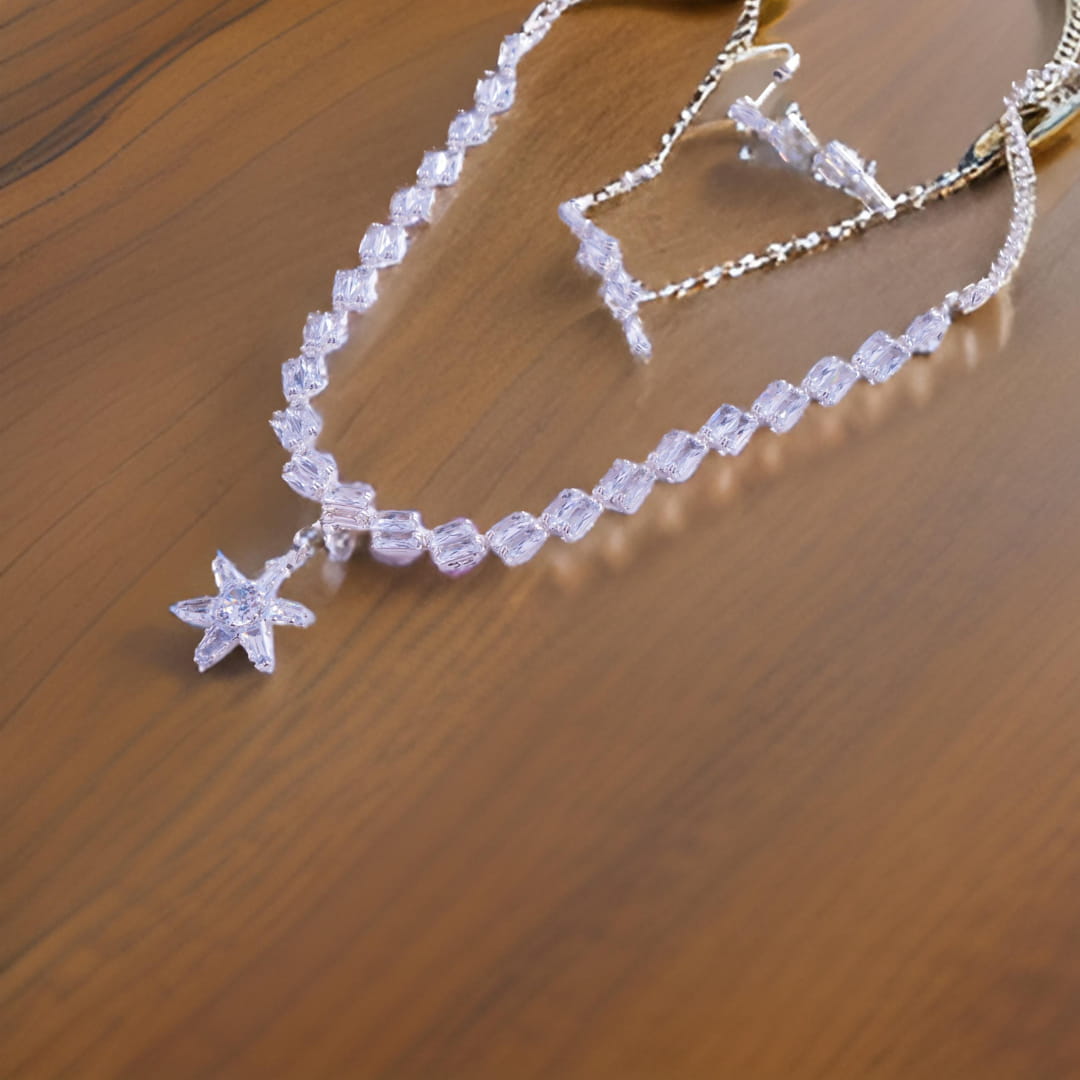 Elegant Silver-Toned Starburst Necklace and Earrings Set