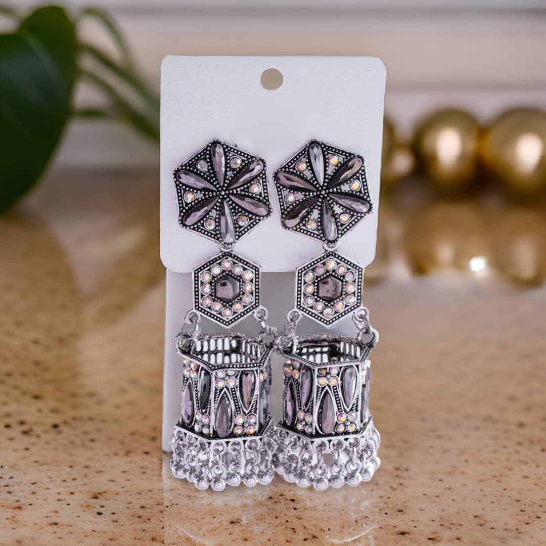Statement Black & Silver Geometric Jhumka Earrings