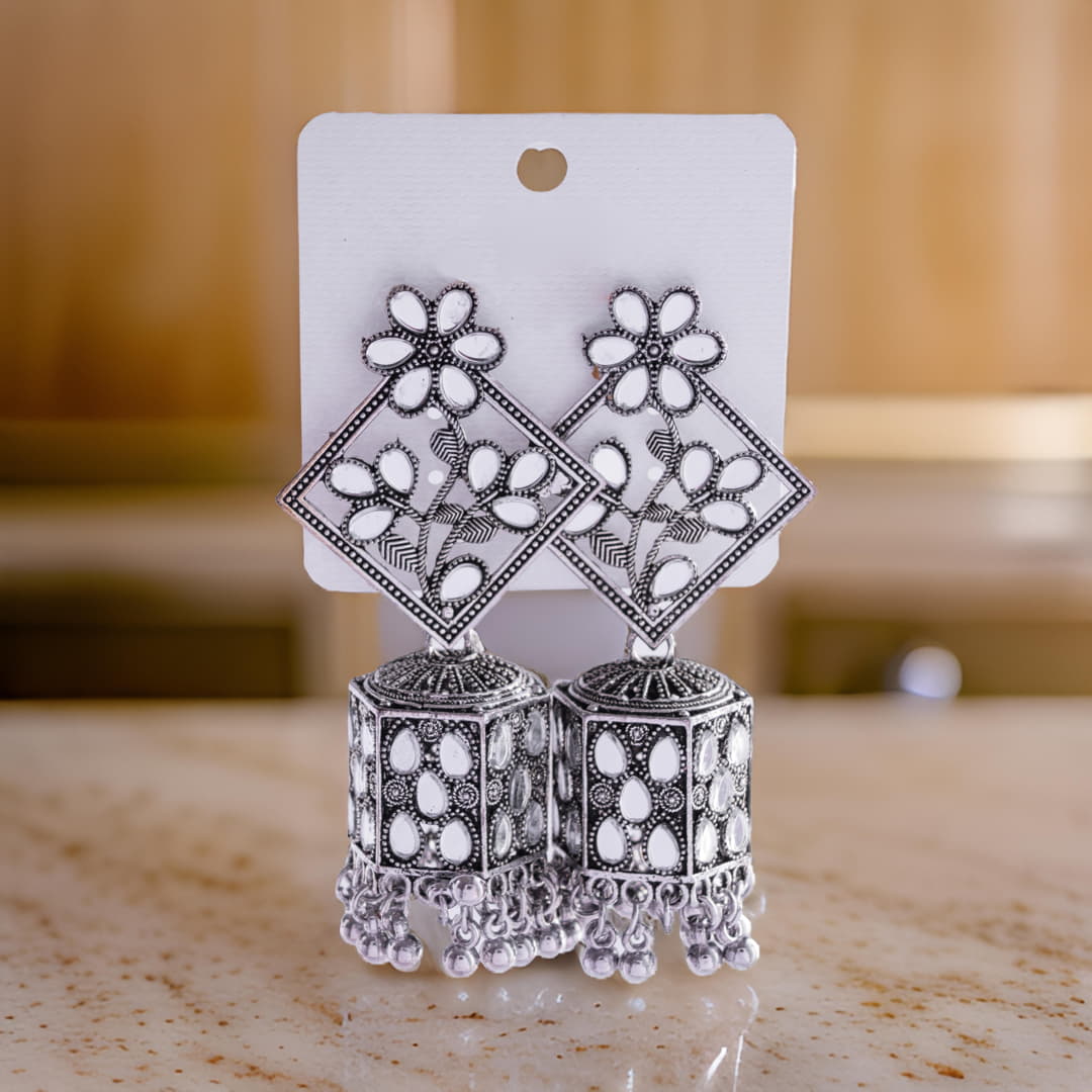 Floral Motif Geometric Jhumka Earrings