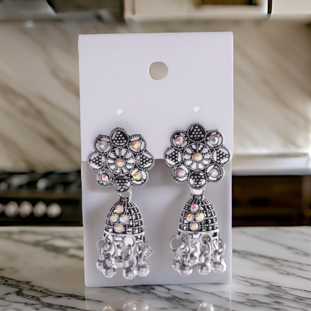 Floral Jhumka Earrings with Crystal Accents