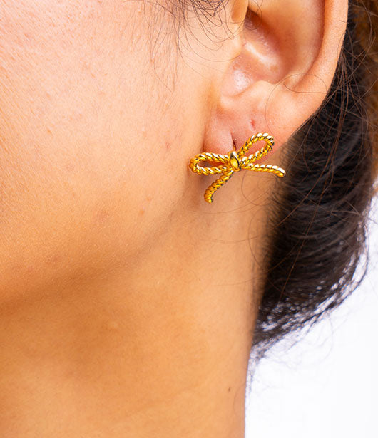 Gold Rope Bow Brass Stud Earrings