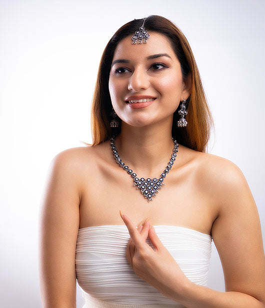 Antique Silver-Toned Necklace, Earrings, and Maang Tikka Set