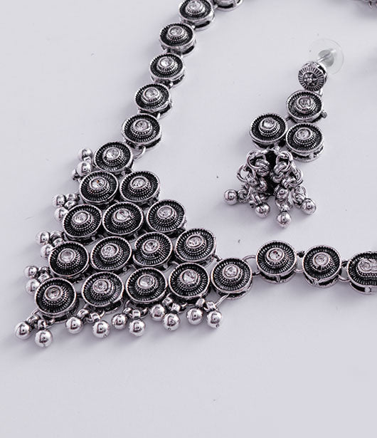 Antique Silver-Toned Necklace, Earrings, and Maang Tikka Set