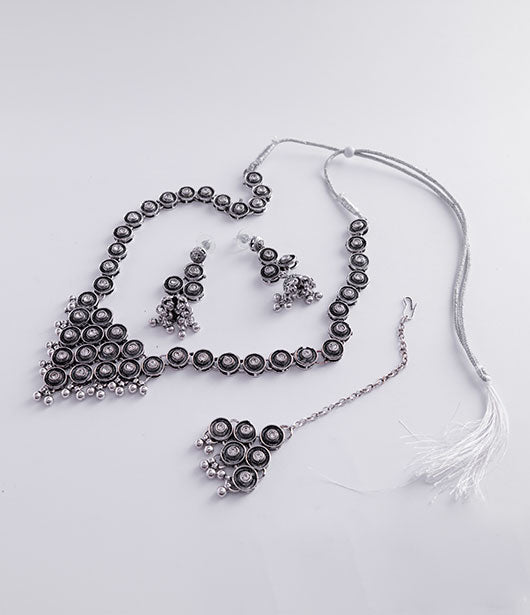 Antique Silver-Toned Necklace, Earrings, and Maang Tikka Set