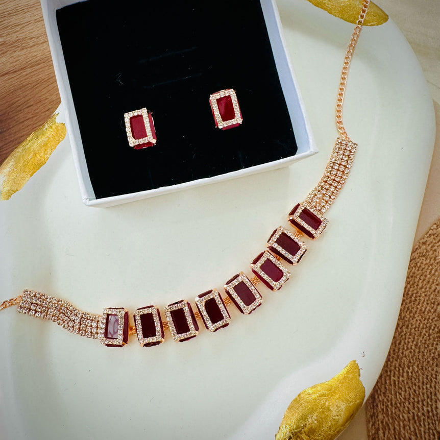 Ruby-Toned Crystal Necklace and Earring Set