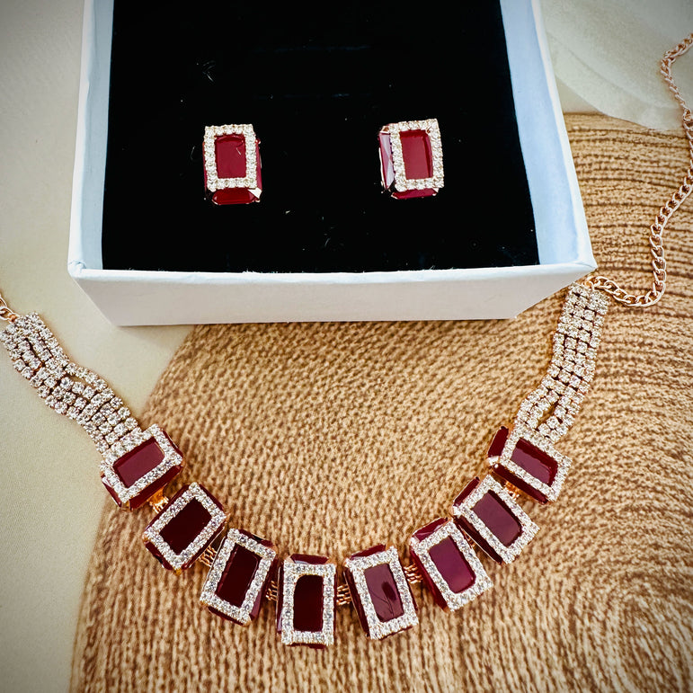 Ruby-Toned Crystal Necklace and Earring Set