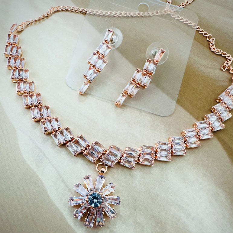 Baguette Crystal Necklace and Earring Set with Floral Pendant