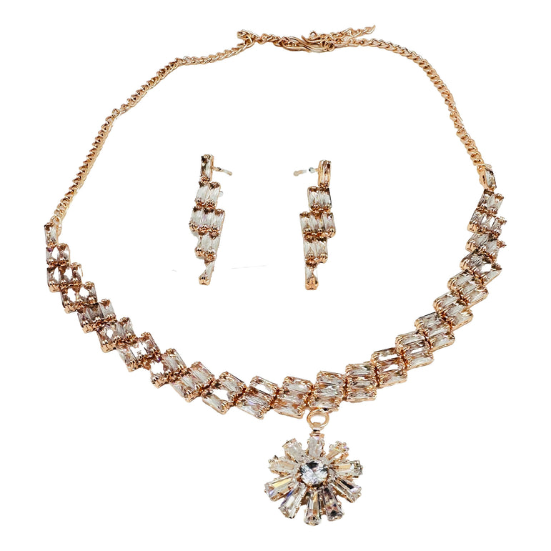 Baguette Crystal Necklace and Earring Set with Floral Pendant