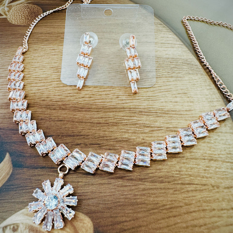 Baguette Crystal Necklace and Earring Set with Floral Pendant