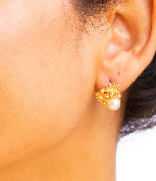 Rose Gold Pearl Stud Earrings with Floral Accents