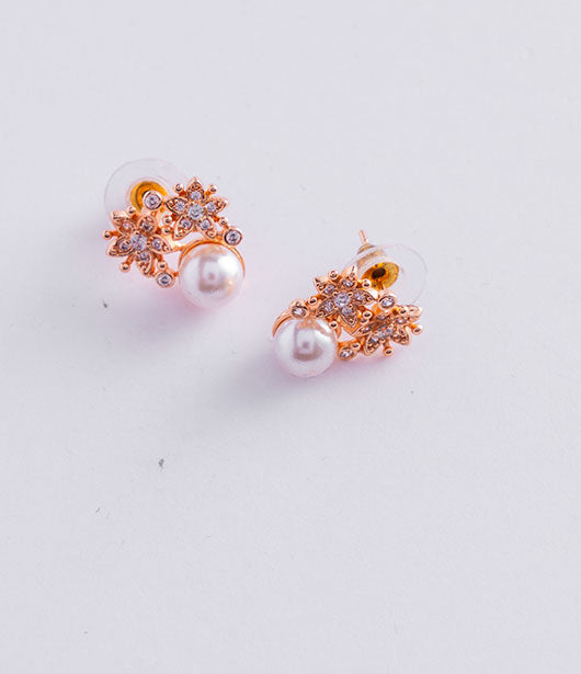 Rose Gold Pearl Stud Earrings with Floral Accents